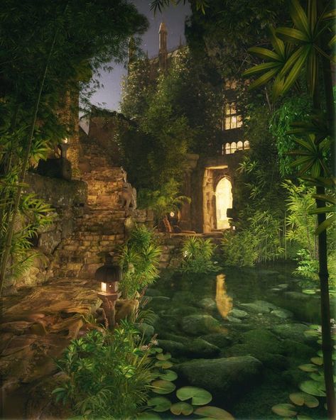 Jungle Gardens : ImaginaryLandscapes Jungle Aethstetic, Minecraft Jungle Aesthetic, Jungle Girl Aesthetic, Overgrowth Aesthetic, Aztec Kingdom, Jungle Book Aesthetic, Jungle House Aesthetic, House Jacuzzi, Jungle Castle