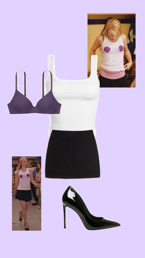 Regina George purple bra costume inspo Regina George Halloween Costume, Regina George Halloween, Regina George Costume, Y2k Costume, Bra Costume, Basic Halloween Costumes, Purple Bra, Bra Outfit, Costume Inspo