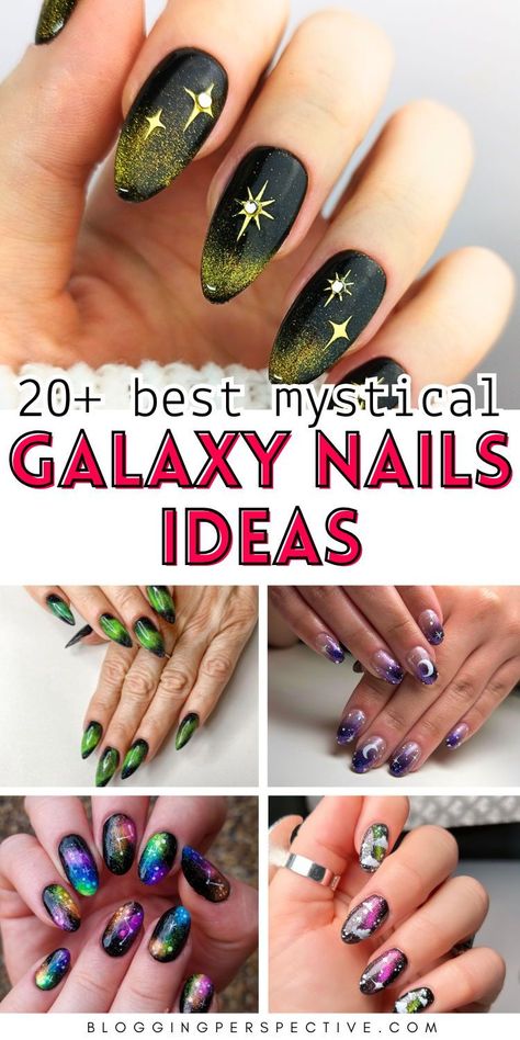 These galaxy nails are perfect for adding a celestial vibe to your look! From chic celestial nail art to fun cosmic nails, this collection has it all. Explore galaxy nail designs, witchy nails, and mystical nails for a unique style. Don’t forget to try space nails, moon nails, and star nails. Check out these celestial nails now on the blog for more ideas! Nail Ideas Witchy, Celestial Almond Nails, Glitter Aura Nails, Nail Art Designs Stars, Easy Star Nails, Star And Moon Nail Designs, Nasa Nails, Nail Designs Witchy, Simple Boho Nails