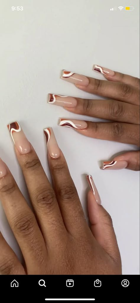 Tapered Square Nails Brown, Pedicure Quotes Classy, Brown Tapered Square Nails, Dope Nail Designs Fall, Neutral Baddie Nails, Autumn Nails Acrylic, Brown Pedicure Ideas, Nude Nails With Design Simple, Autumn Acrylic Nails