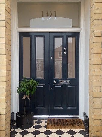 Traditional Grand Victorian double front doors with 'Canterbury' glazing and 'Etched' fanlight Door Exterior Front Entry, Glass Door Exterior, Wide Front Doors, Victorian Front Door, Front Door Colours, Double Front Entry Doors, Victorian Front Doors, Elegant Entrance, Traditional Front Doors