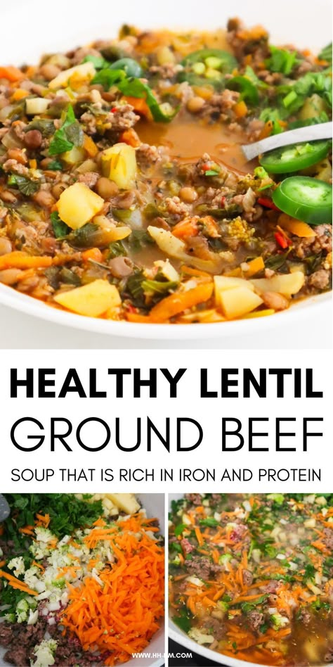 Ever wondered whether you can make a soup with lentils and beef? Well, now you know - this ground beef and lentil soup recipe exists and it's super good. It's easy to make and pretty healthy too, also very rich in two things: iron and protein! Iron Soup Recipes, Beef And Lentil Stew Slow Cooker, Protein Lentil Recipe, Soup Recipes With Lentils, Ground Beef Zucchini Soup, Lentils And Ground Turkey, Lentils With Ground Beef, Soups With Ground Beef Healthy, Lentil Recipes With Meat