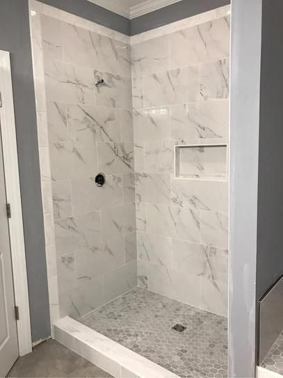 Bathroom Shower Tile, Bathroom Remodel Shower, Bathroom Remodel Designs, Porcelain Floor, Master Bath Remodel, Bathroom Remodel Ideas, Bathroom Redo, Shower Remodel, Shower Stall