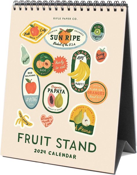 Amazon.com: RIFLE PAPER CO. 2024 Fruit Stand Desk Calendar - 12 Month Dated Calendar, Beautiful Fruit Illustrations, 6" L x 7.5" W, Double Spiral with Attached Stand to Prop Up on Desk : Office Products How To Make A Calendar, Calendar Ideas Design, Calander Design, Fruit Calendar, Cute Desk Calendar, Props Illustration, Calendar Design Inspiration, Calendar Illustration, Trailer Shop