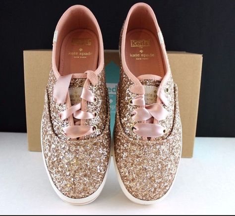 Kate Spade Keds Sneakers Kick Rose Gold Glitter Shoes Pink Ribbon NEW in The BOX #KateSpade #Keds #Casual Gold Shoes Wedding, Glitter Shoes Outfit, Rose Gold Wedding Shoes, Vans Oldschool, Sparkly Sneakers, Gold Glitter Shoes, Gold Wedding Shoes, Kate Spade Keds, Keds Sneakers