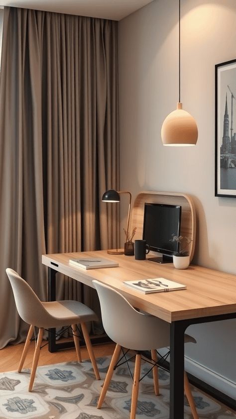 Create a multi-functional work-study room in your apartment by blending practical furniture with minimalist decor to keep the space open and productive. Feminine Home Office Classy, Rustic Wooden Desk, Office And Guest Room, Practical Furniture, Feminine Home Offices, Warm Color Schemes, Cozy Nooks, Cozy Office, Minimalist Desk