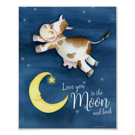 Whimsy watercolor art cow jumping over the moon poster  Zazzle Cow Jumping Over The Moon, Moon Nursery Art, Cow Jumping, The Moon Poster, Moon Watercolor, Whimsy Art, Moon Nursery, Unique Watercolor, Moon Poster