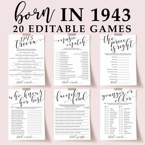 "Let's get our game on! There's no better way to celebrate a 80th birthday celebration than with these 1943 games. The 20 editable birthday games are perfect for a woman who's turning 80. Get your games instantly and have a blast at the birthday party. These calligraphy birthday games are editable directly in your browser, using the easy-to-use web application JetTemplate. After purchase, you will receive an access email from JetTemplate to access the files and edit the templates. Easily edit co 1993 30th Birthday, Thirtieth Birthday Games, Dirty 30 Birthday Party Games, 30th Bday Games, 30 Birthday Games Ideas, 30 Birthday Party Games, 30th Birthday Games For Women, 30th Birthday Party Games For Adults, 30th Party Games