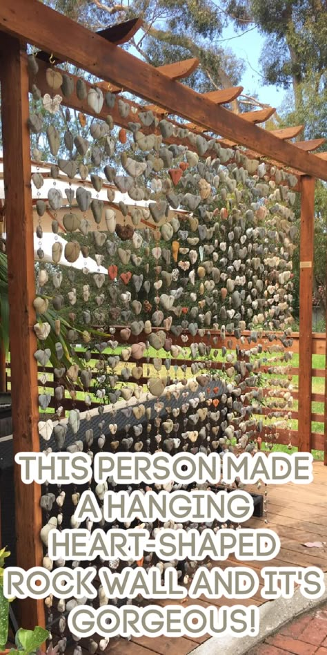 You Won't Believe This Stunning Heart-Shaped Rock Wall—See How They Made It! Hanging Rocks Diy, Ideas For Rock Collection, Creative Ways To Display Rock Collection, Rock Display Ideas Diy Garden, Rock Hanging Decor, What To Do With Rocks You Collect, Indoor Rock Garden Ideas, Heart Rock Display Ideas, Heart Rock Garden