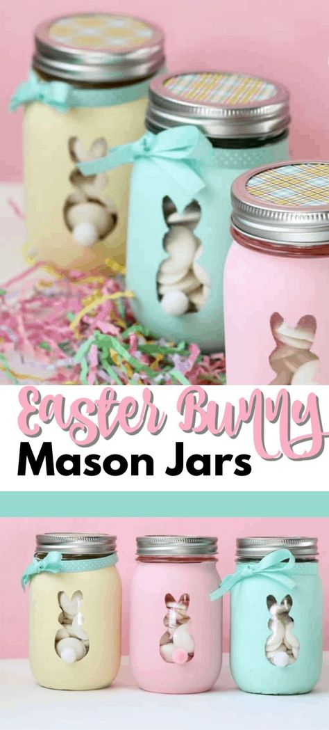 These Easter Bunny Mason Jars are perfect to fill with candy or votive candles and use them for Easter decor or as Easter gifts! #easter #eastercrafts #homemadegifts #masonjars #masonjarcrafts #springcrafts #spring #recycledcrafts Spring Mason Jar, Bottles Diy, Easy Easter Crafts, Wine Bottle Diy Crafts, Mason Jar Crafts Diy, Wine Bottle Diy, Mason Jar Lighting, Jar Diy, Wine Bottle Crafts