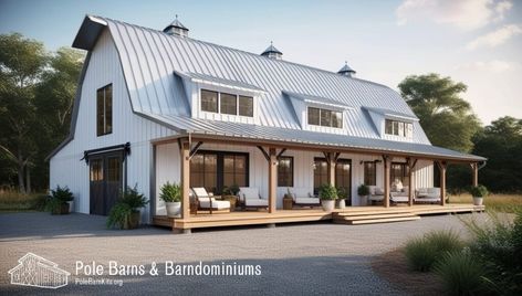 White Barndominium Inspiration and Ideas French Style Barndominium, Barndominium White, Barndominium Colors, Barndominium Inspiration, White Barndominium, Barndominium Modern, Barnodium Homes, Best Color Schemes, Modern Farmhouse Living