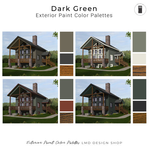 Dark Green / Olive Green – 4 Pre-Made Exterior Paint Color Schemes Green House Exterior Paint, Dark Green Exterior House Colors, Dark Green House Exterior, Sage Green House Exterior, Olive Green Exterior, Green Home Exterior, Sage Green House, Exterior Paint Color Schemes, Green Exterior Paints