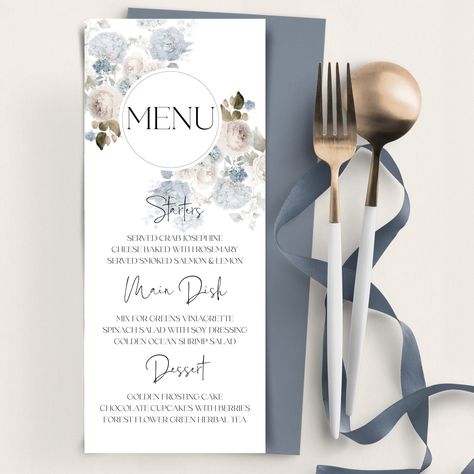 Dusty Blue Wedding Menu and Thank you Card Template | Desert Wedding Menu | Editable Wedding Menu | Wedding Menu Card | DUSTY BLUE Dusty Blue Wedding Stationery, Dusty Blue Plate Setting, Dusty Blue Wedding Card, Dusty Blue Wedding Menu Cards, Simple Wedding Invitations Dusty Blue, Dinner Menu Card, Event Id, Printable Wedding Menu, Menu Wedding