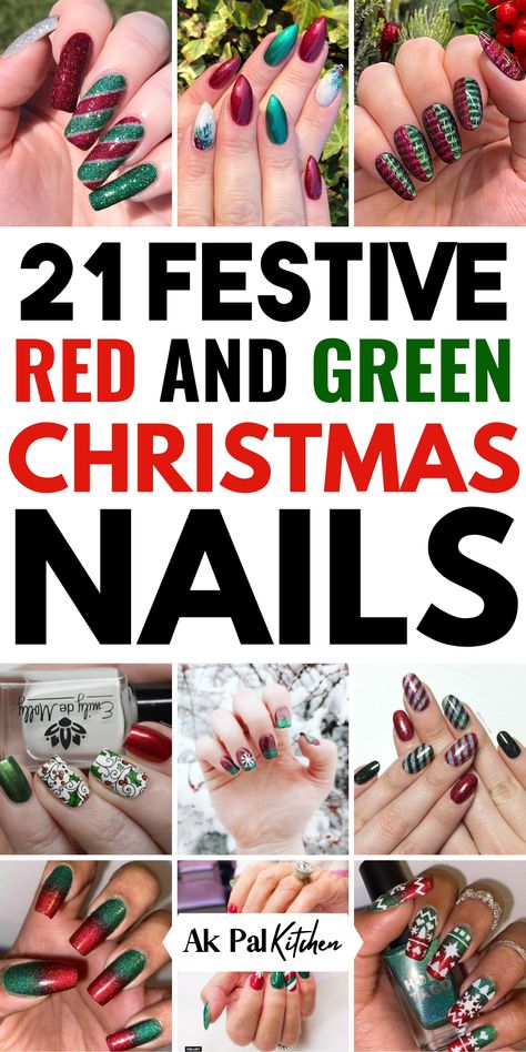 Add festive flair to your holiday look with red and green Christmas nails! Whether you love red and green glitter nails, classic Christmas ombre nails, or playful red and green striped and plaid nail designs, these Christmas nail art ideas are perfect for the season. Explore sparkling Christmas nails or mix in gold and silver Christmas nails for a chic touch. These holiday nail designs are sure to make your Christmas manicure stand out! Red Gold Green Nails, Plaid Christmas Nail Designs, Red White Green Nails, Christmas Nails Red And Green Glitter, Red White And Green Christmas Nails, Red And Green Ombre Nails, Red Green And Gold Nails, Red And Green Glitter Nails, Christmas Nails Red And Silver