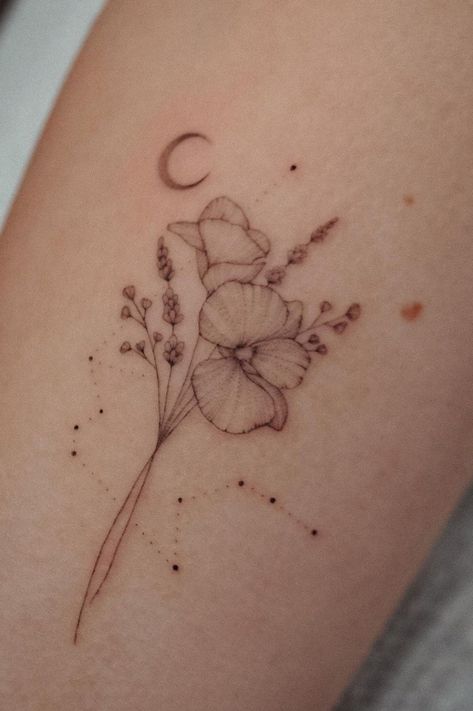 Libra Constellation Tattoo Flowers, Sagittarius Constellation Tattoo, Libra Constellation Tattoo, Cosmos Tattoo, Moon Plant, Sagittarius Constellation, Libra Constellation, Floral Tattoos, Zodiac Tattoos