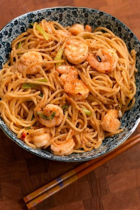 Shrimp and Noodles with Chili Crisp Sauce | "Shrimp is cooked with garlic, ginger, and shallots, mixed with noodles, and combined with a tangy chili crisp sauce." #allrecipes #pasta #pastarecipes #pastainspiration #pastadinner #pastaideas #pastadinner #pastaideas Shrimp And Noodles, Chili Crunch, Pasta With Mayonnaise, Shrimp Pasta Recipe, Chili Shrimp, Chili Sauce Recipe, Chili Crisp, Spicy Korean, Spicy Noodles