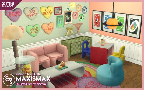 MaxisMax - Maximalist Set Preview | Patreon Sims 4 Funky Furniture Cc, Sims 4 Cc Furniture Maximalist, Sims 4 Maximalist, Sims 4 Maximalist Cc, Simlish Cc, Rococo Painting, Sweetheart Candy, Pouf Chair, Tray Coffee Table