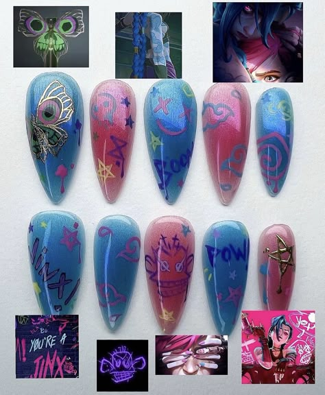 my jinx nails from my instagram, inspo from @77k.studio <3           #arcane #arcanenails #jinxnails #jinx #arcaneshow #nails Festive Acrylic Nails, Jinx Nails, Arcane Nails, Fake Nails Designs, Anime Nails, Jinx Arcane, Cute Nail Art Designs, Grunge Nails, Jinx League Of Legends