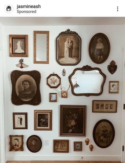 Vintage Picture Gallery Wall, Antique Wall Art Collage, Gallery Wall Mirror Center, Oval Gallery Wall, Gallery Wall With Oval Frames, Ornate Frames Gallery Wall, Vintage Photo Collage Wall, Antique Frames On Wall, Antique Picture Frames On The Wall