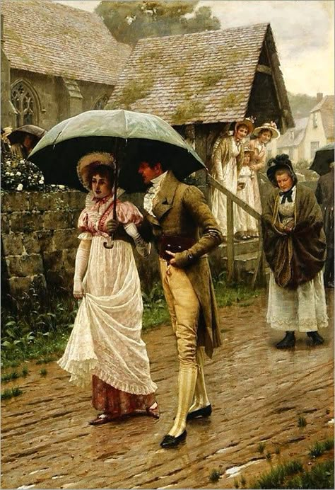 regency period food | Edmund Blair Leighton Regency Paintings, Edmund Blair Leighton, Era Victoria, Regency Era Fashion, People Walking, Regency Period, Art Ancien, Walking In The Rain, Pre Raphaelite