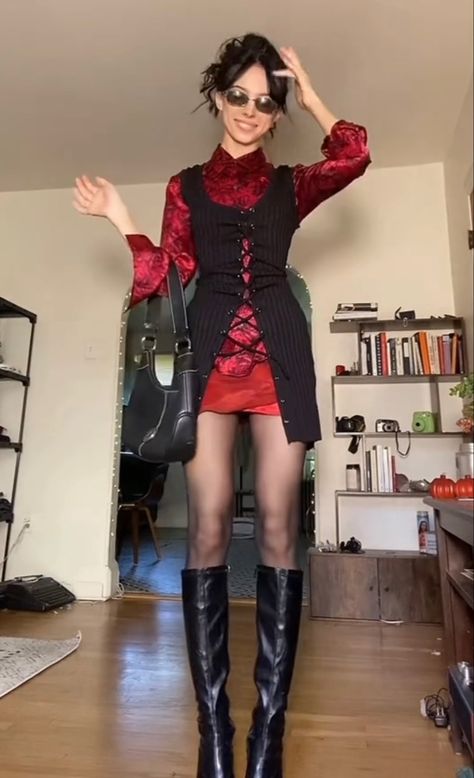 Red Party Outfit Aesthetic, High Fashion Styling, Red Layered Outfit, Soft Goth Glam Outfit, Jazz Bar Outfit Classy, Gothic Fairy Aesthetic Outfit, Red Boots Fall, Shakespeare Inspired Outfit, Vintage Vampire Outfit