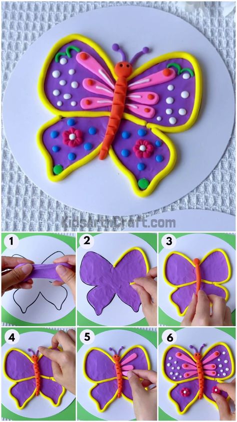 Learn to make butterfly Using clay for children Check more at https://www.kidsartncraft.com/butterfly-clay-art-tutorial/ Butterfly Clay Art, Clay Modelling For Kids, Butterfly Clay, Play Dough Crafts, Clay Art For Kids, Clay Butterfly, Clay Crafts For Kids, Playdough Activities, Kids Clay