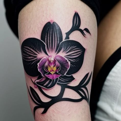 Elegance in Bloom: Black and Purple Orchid Tattoo on the Leg - Creative Tattoo Ideas Men’s Orchid Tattoo, Orchid Tattoo Leg, Pink Orchid Tattoo, Orchid Tattoo Color, Black And Purple Tattoos, Orchids Tattoo Design, Black Orchid Tattoo, Purple Flower Tattoo, Purple Orchid Tattoo