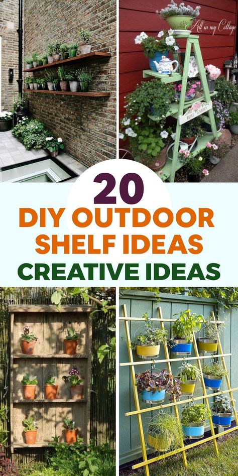 Upgrade your outdoor area with innovative DIY outdoor shelf concepts that not only optimize space but also bring a dash of elegance to your garden, patio, or balcony. Construct a charming wooden shelf from upcycled pallets or driftwood to seamlessly blend with nature, transform old ladders or crates into an unconventional tiered shelving unit for a unique storage solution, or fashion a hanging plant shelf using macrame or rope for a trendy bohemian vibe that highlights your gardening skills. Garden Shelf Ideas Outdoor, Outdoor Shelf Ideas, Diy Outdoor Shelf, Outdoor Bookshelf, Outdoor Shelf, Hanging Plant Shelf, Diy Container, Compost Bin Diy, Diy Container Gardening