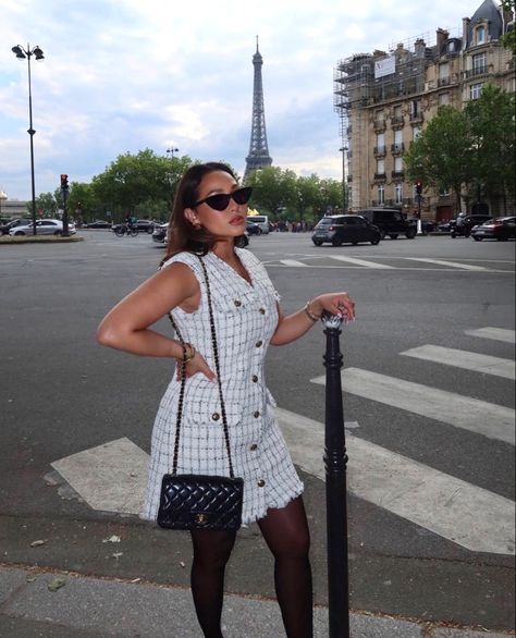 ✨Classy fall dress outfits. Chanel tweed dress aesthetic. Paris fall outfit ideas. Adrienne Bailon style. Tweed dress black tights outfits✨ #taylajaybeauty #tweed #chanel #classy #style #taylajay #paris #travel #celebrityfashion #fall White Dress Chanel, Adrienne Bailon Style, Fall Dresses Classy, Paris Fall Outfits, Chanel Tweed Dress, Black Tights Outfit, Tights Outfits, Tweed Outfit, Aesthetic Paris