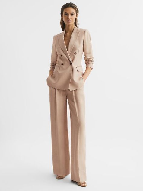 Neutral Blazer, Linen Suits Women, Blazer Suit Women, Wide Leg Linen Trousers, Reiss Women, Blazer For Women, Linen Suits, Wardrobe Edit, Wide Leg Linen Pants