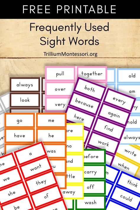 A free download of frequently used sight words. Use as flashcards for a wide variety of ELA activities.  (Also Montessori puzzle words) Montessori Sight Words Free Printable, Montessori English Learning, High Frequency Words Kindergarten, Kindergarten Sight Words Flash Cards, Printable Sight Words, High Frequency Words Activities, Montessori Resources, Preschool Sight Words, Montessori Printables