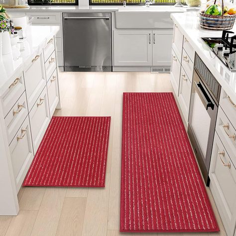 BEQHAUSE Kitchen Mat Set of 2 Anti-Slip Kitchen Rugs 100% Polyester Soft and Absorbent Kitchen Mats for Floor Red Kitchen Rug Non Skid Washable with TPR Backing Kitchen Runner Rug 20x30inch/20x48inch Laundry Hallway, Floor Machine, Bathroom Runner Rug, Kitchen Area Rugs, Laundry Room Rugs, Indoor Mat, Kitchen Runner Rug, Kitchen Carpet, Kitchen Mats