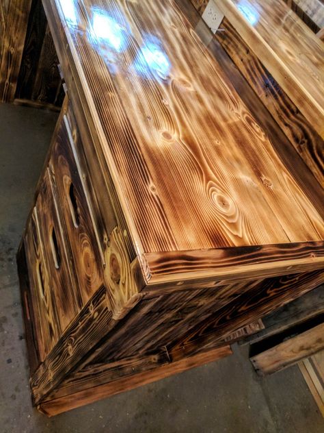 Rustic-Pallet-Bar-DIY-Wood-Burned Finish Burnt Wood Interior, Burnt Wood Finish, Pallet Bar Diy, Spirit Week Outfits, Week Outfits, Bar Diy, Wood Sink, Pallet Bar, Sink Shelf