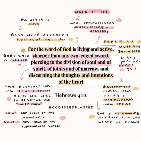 God’s promise… 👉🏼 *“For the word of God is alive and active. Sharper than any double-edged sword, it penetrates even to dividing soul and spirit, joints and marrow; it judges the thoughts and attitudes of the heart.” - Hebrews 4:12* Relying on God 👉🏼 involves immersing ourselves in His Word daily. By doing so, we allow His truth to shape our thoughts, refine our hearts, and guide our actions. Anything else to add 👉🏼 Let the Word of God be your constant companion and counselor. It has the po... Hebrews 4:12, Blessed Scripture, Relying On God, Hebrews 1, Lord Prayer, Hebrews 4, Biblical Tattoos, Journal Bible Quotes, Soul And Spirit