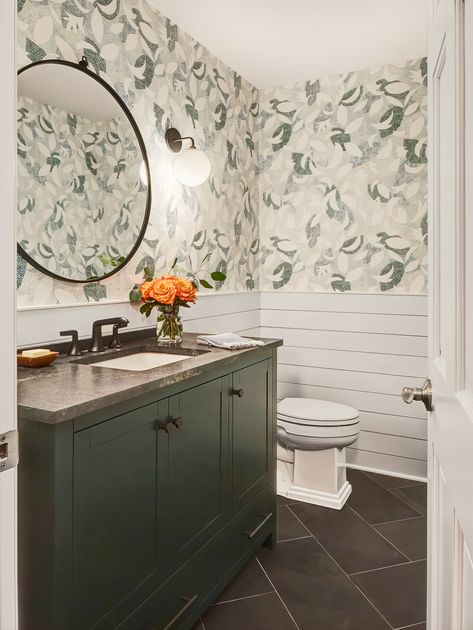 Transitional Powder Room, Wardrobe Shelves, Shelves Cupboard, Small Bathroom Wallpaper, Half Bath Remodel, Green Vanity, Shiplap Bathroom, Classic Cabinet, Bathroom Paint