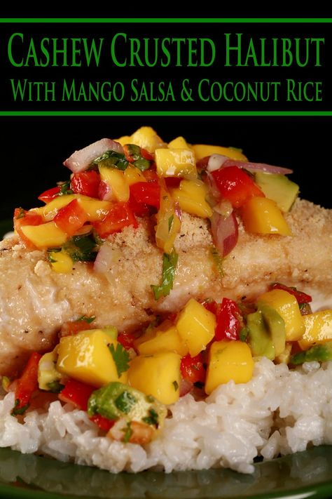 Cashew Crusted Halibut with Mango Salsa and Coconut Rice Halibut With Mango Salsa, Almond Crusted Fish, Fish Dishes Recipes, Crusted Halibut, Halibut Recipe, Zucchini Rice, Grilled Halibut, Halibut Recipes, Mango Sauce