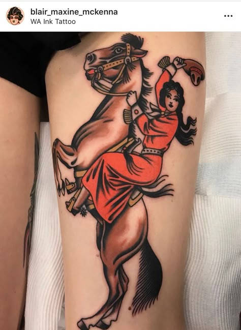 Cowgirl On A Horse Tattoo, Traditional Western Back Tattoo, Cowgirl Horse Tattoo, Cowgirl Riding Horse Tattoo, Trad Horse Tattoo, Outlaw Tattoo For Women, Outlaw Woman Tattoo, American Traditional Cowgirl Tattoo, Cowboy On Horse Tattoo