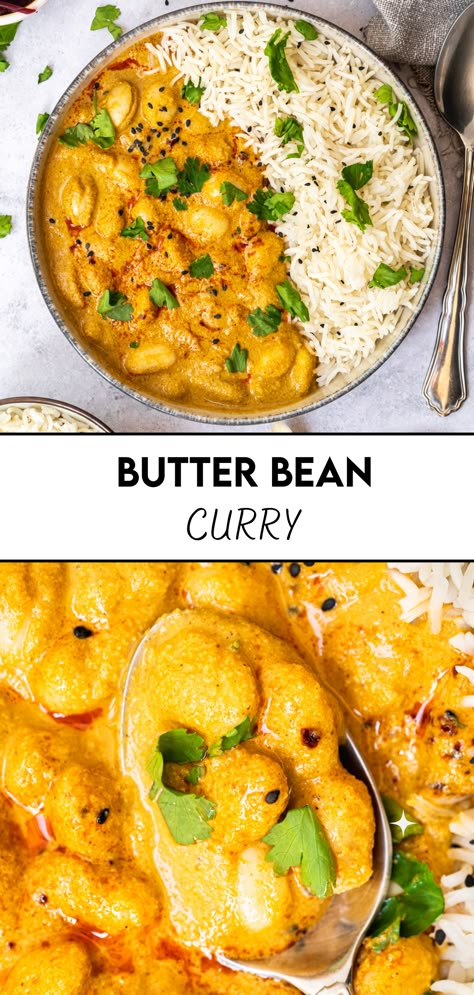 Bulgur Lentil Recipes, White Bean Curry Recipes, Curry Vegetarian Recipes, Butter Beans And Rice, Protein Rich Dinner Vegetarian Recipes, Curried Butter Beans, Curry Butter Beans, Butter Bean Recipes Vegan, Butterbean Recipes Vegan