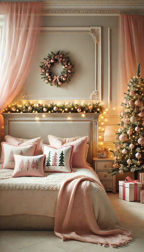 Bedroom Christmas Decor Pink, Pink Christmas Decorations Living Room, Pink Christmas Room Ideas, Christmas Decor Ideas Bedroom Pink, Christmas Bedroom Pink, Pink Guest Bedroom, Pink Christmas Ideas, Kids Christmas Bedroom, Pink Christmas Bedroom