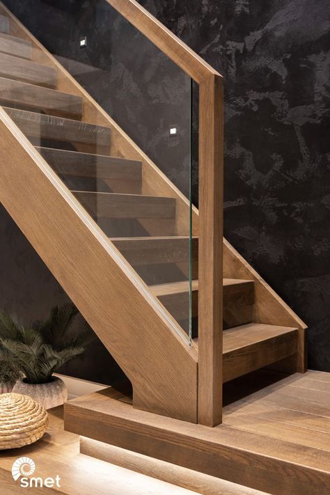 Three brand new staircases, completely made of solid French Oak with a seamless glass balustrade. The colour of the Oak was matched with the colour of the wooden floors for a sereen look throughout the house. Halfway the staircase from First to Second Floor is a stunning bridge construction that makes a real eye-catcher for anyone walking through the front door. A second special feature is the double podium at the start, with nosing to accommodate for LED lighting. Wood And Glass Staircase, Baddie Attitude, Staircase Glass Design, Wooden Staircase Railing, Glass Staircase Railing, Wooden Staircase Design, Stairs Makeover Design, Baddie Bedroom, Baddie Bedroom Ideas