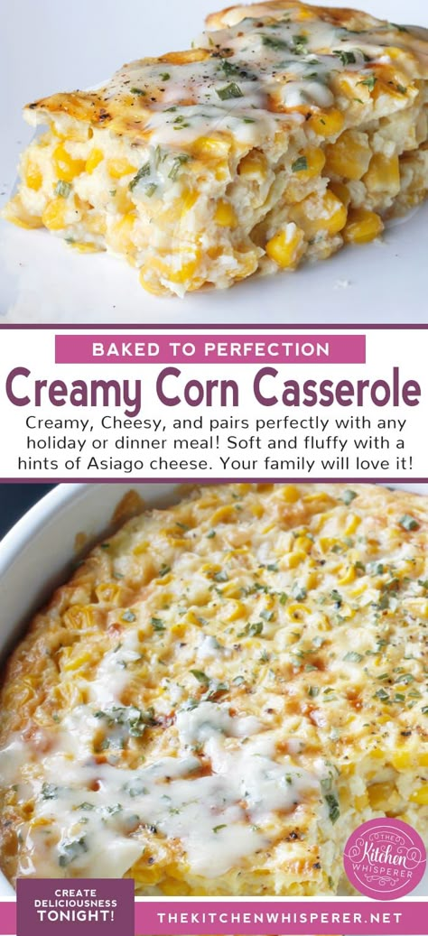 Creamy, Cheesy, and pairs perfectly with any holiday or dinner meal! Soft and fluffy with a hints of Asiago cheese. Whether it's a side dish or a main dish, this Baked Creamy Cheesy Corn Casserole is a huge family favorite! Corn Casserole Without Jiffy, Baked Creamed Corn, Creamy Cheesy Corn, Thanksgiving Corn, Sweet Corn Casserole, Cheesy Corn Casserole, Creamy Corn Casserole, Corn Recipes Side Dishes, Corn Side Dish