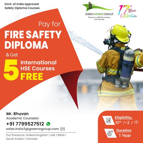 🔥 Elevate your career with a Fire Safety Diploma from Green World! 🔥 Get ahead with our exclusive offer: Enroll now and receive 5 FREE HSE courses! 🔒 Ensure workplace safety while saving big. 🌿 Don't miss out on this limited-time promotion. 🚀 Secure your future today with Green World's renowned training programs! 🔥🌟 #SafetyFirst #GreenWorldEducation Fire And Safety, Green World, Diploma Courses, Enroll Now, Workplace Safety, Safety First, Fire Safety, Food Safety, A Fire