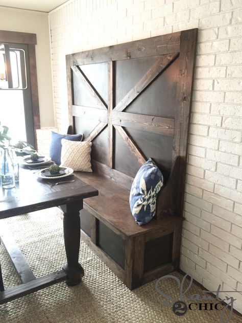 Build this DIY High Back Bench with free plans and how-to tutorial at www.shanty-2-chic.com . Perfect for a dining bench, entryway or a mudroom! High Back Dining Bench, Free Furniture Plans, High Back Bench, Diy Bank, Wood Furniture Plans, Bench With Back, Shanty 2 Chic, Diy Dining, Diy Bench