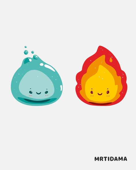 Fire And Water Drawing, Element Character Design, Cute Characters Drawing, Elemental Character Design, Water Character Design, Elemental Drawing, Elemental Wallpaper, Fire Doodle, Fire Character Design