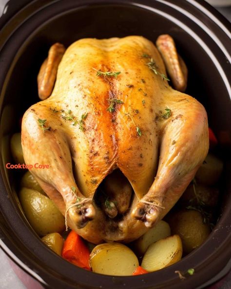 This whole chicken recipe is a complete meal, so you don't need to worry about making sides Slow Cooker Whole Turkey, Crockpot Thanksgiving, Slow Cooker Holiday Recipes, Turkey Breast Crockpot, Turkey Crockpot Recipes, Herbed Butter, Whole Turkey Recipes, Crockpot Turkey, Turkey Glaze