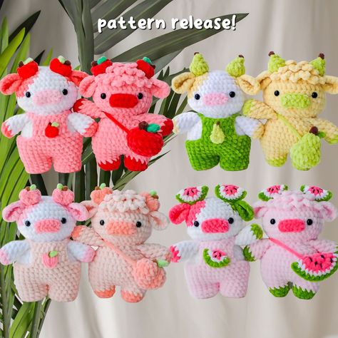 Mushroom Cow Crochet, Cow Watermelon, Crochet Cow Pattern Free, Watermelon Cow, Cow Amigurumi Free Pattern, Fruit Cows, Strawberry Cow Crochet, Crochet Cow Pattern, Cow Crochet Pattern