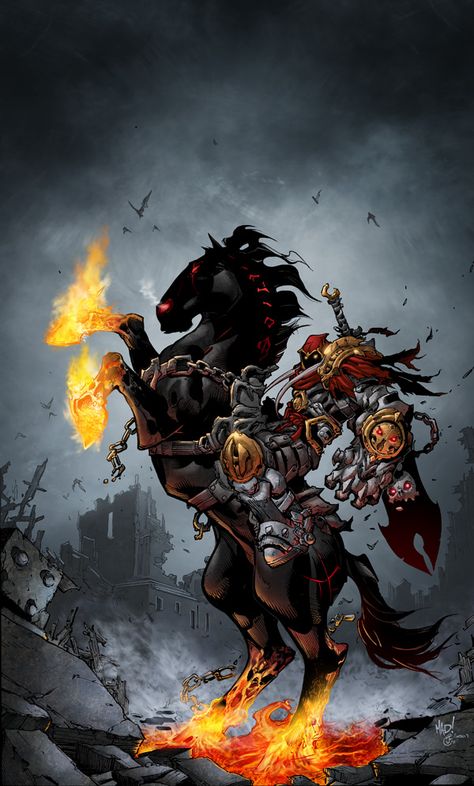 Darksiders  by Joe Madureira / *SeanE Darksiders Horsemen, Battle Chasers, Joe Madureira, Horsemen Of The Apocalypse, Comic Book Artwork, Digital Comic, Video Game Art, Comic Books Art, Dark Fantasy Art