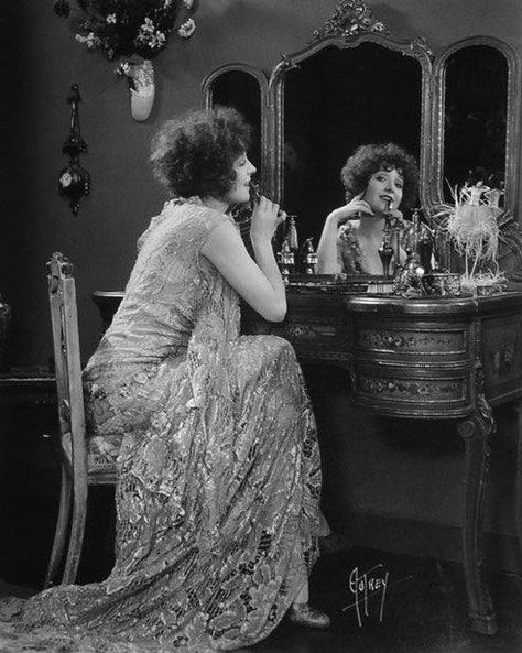 . Woman Sitting At Vanity, Woman At Vanity, Woman Doing Makeup In Mirror, Doing Makeup In Mirror, Vanity Photoshoot, 1920s Room, Makeup Mirror Aesthetic, House Of Mirrors, Fancy Mirror