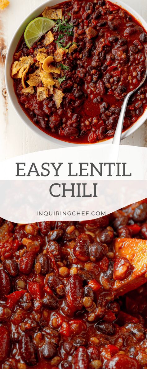 Fast and easy Lentil Chili has smoky, slightly spicy flavors, two types of beans, and lentils for loads of plant-based protein in a cozy bowl. Add your favorite toppings and dinner is served! #vegetarian #plantbased #chili #lentils #easydinner #easyrecipe #comfortfood Easy Vegetarian Chili, Lentil Chili Recipe, Vegetarian Chili Crock Pot, Beans And Lentils, Lentil Sausage Soup, Vegetarian Chili Easy, Lentil Chili, Slow Cooker Lentils, Chili Recipe Crockpot