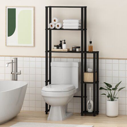 Black Bathroom Storage Cabinets, Black Bathroom Shelves Over Toilet, Above Toilet Decor Modern, Super Small Bathroom Ideas, Over Toilet Shelves, Bathroom Over Toilet Storage, Small Industrial Bathroom, Over The Toilet Storage Ideas, Toilet Storage Ideas